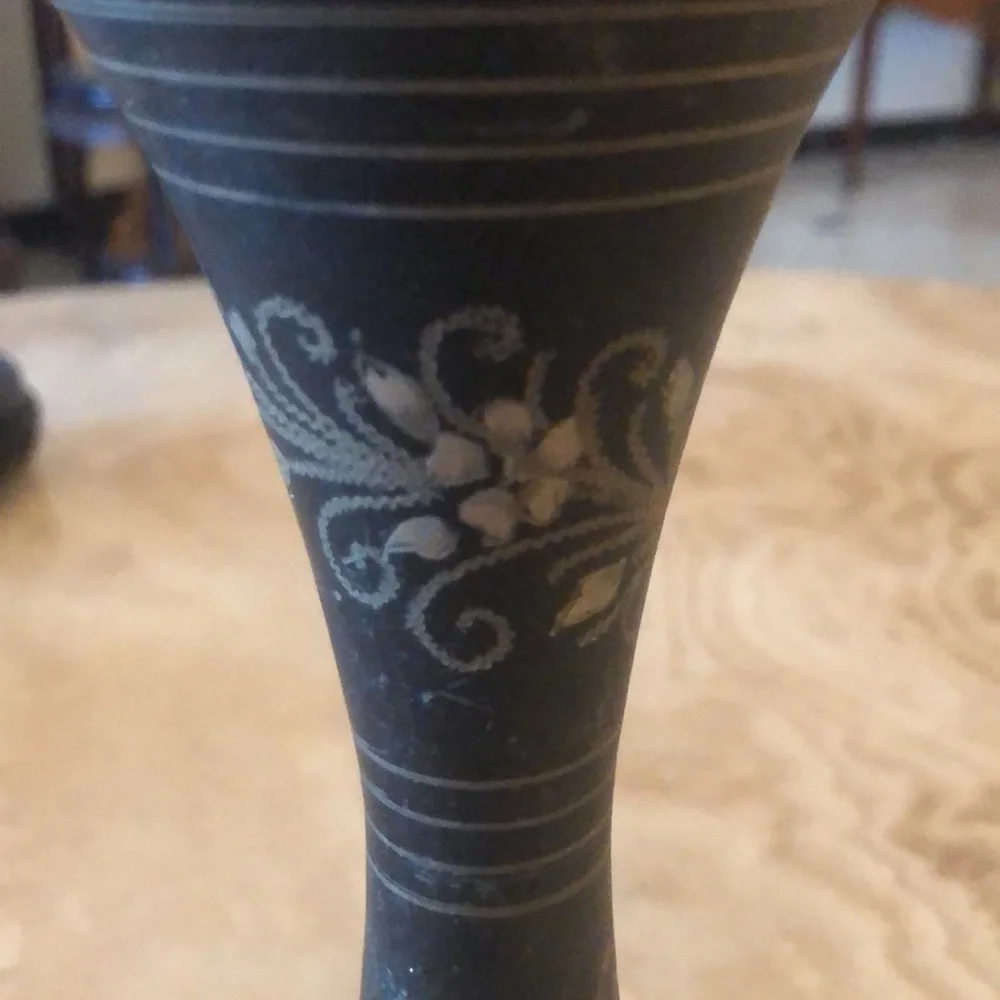 BLACK PAINTED BRASS VASE W GOLD ETCHED FLORAL DESIGN • 8” x 3” • VINTAGE